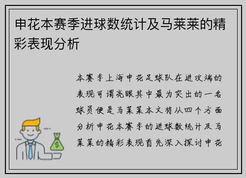申花本赛季进球数统计及马莱莱的精彩表现分析
