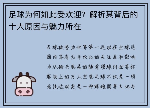 足球为何如此受欢迎？解析其背后的十大原因与魅力所在